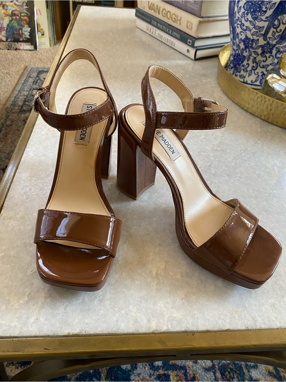 Steve Madden Brown Patent Platform Sandal - Chunky Block Heel